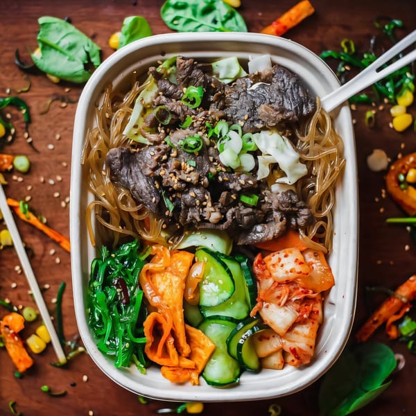Matko's Korean japchae with beef, glass noodles, kimchi, seaweed, and pickled vegetables in a bowl.